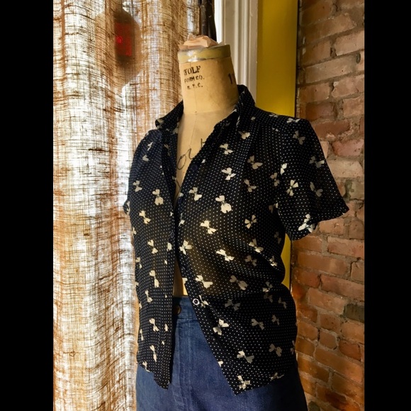 Sheer Navy Button Up Blouse with Bows + Polka Dots - Picture 8 of 8